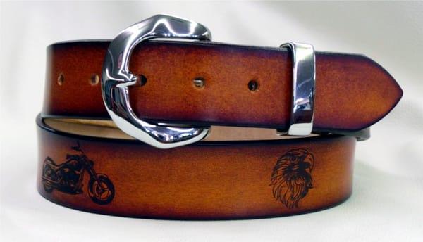 Aged edge belt with Motorcycle and eagle.  Buckle is chrome on solid brass