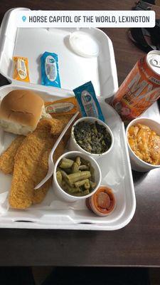 Catfish, greens, green beans, and peach cobbler.