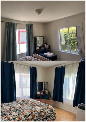 Before and after picture of replacing my curtain rods and curtains.