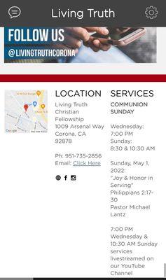 Location & Service Times as of 5/1/2022