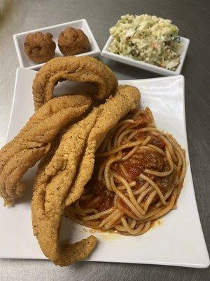 3pc catfish with Spaghetti, creamy Cole slaw, sweet corn hushpuppies with golden tartar sauce!