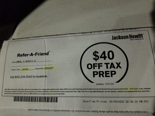 Jackson hewitt coupon $40 off taxes call 800-234-1040 for locations.