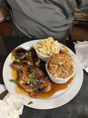 Honey Bourbon Chicken with Mac & Cheese and Jambalaya