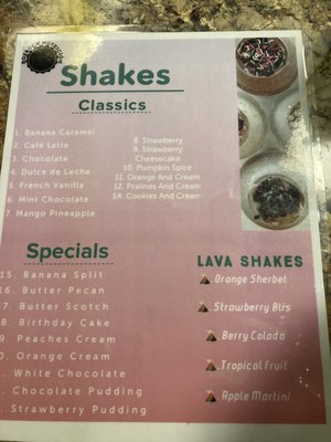 Shakes menu