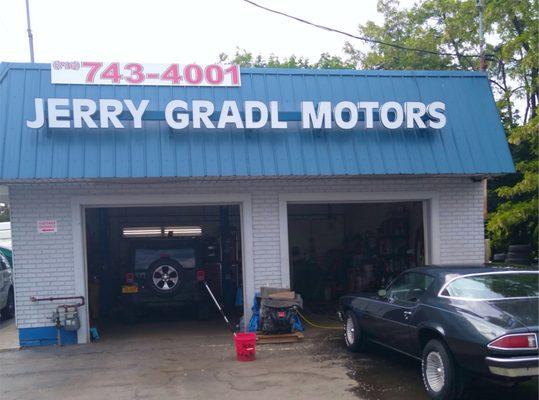 We've been making Gradl Motors signs for them since the 1950s. Thank you for your continued business! Channel letters on raceway.