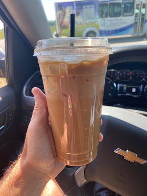 Iced, Vanilla latte with oat milk and an add shot.