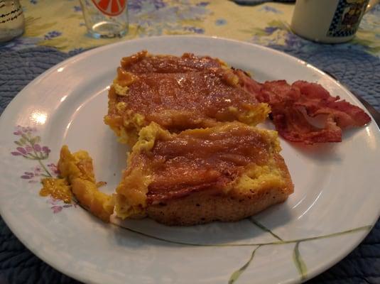 Creme brulee french toast with bacon. Not much to look at, but it was amazing!