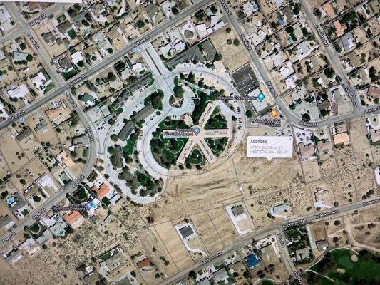 Aerial view of 20 acre facility with the mile high Café and bingo hall with an access to the golf course.