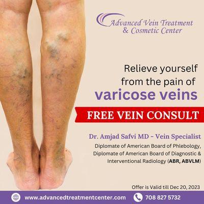 Free Vein Consult by Acclaimed Vein Specialist Dr. Amjad Safvi MD for varicose veins and spider veins treatment.