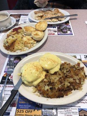 Eggs Benedict, pancake, biscuits and sausage gravy