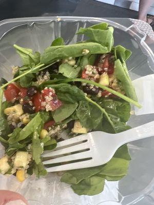 Spinach salad with quinoa, black beans, peppers and zucchini- yum