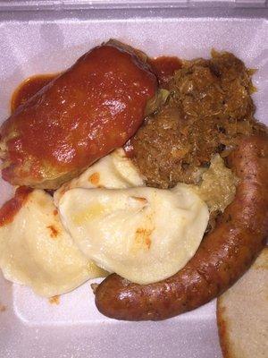 Ukrainian Platter $12 kielbasa, stuffed cabbage, sauerkraut, and potato pierogies