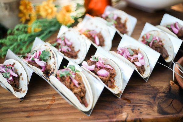 Slow roasted barbacoa tacos with pickled radish