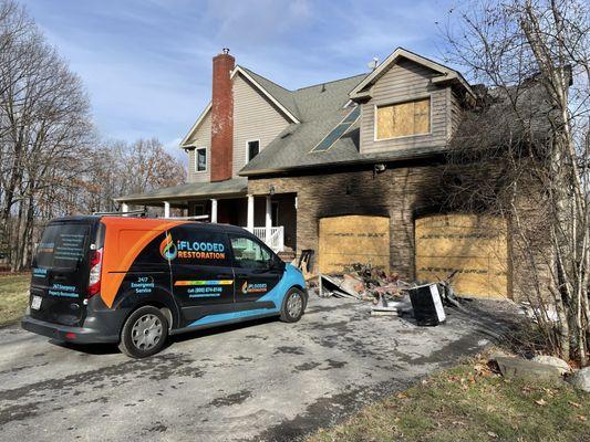 Fire damage restoration underway