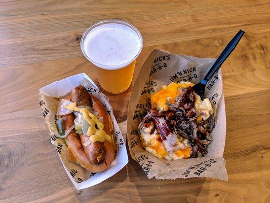 Jim 'N Nick's Dog, smoked chorizo, sauteed onions, bell peppers, dijon mustard ($7). Loaded Mac 'N Cheese with pulled pork ($9). Beer.