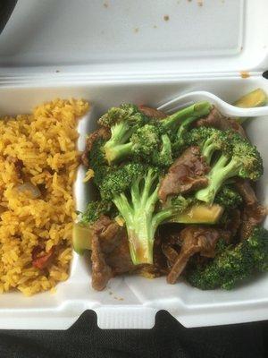 Greasy beef and broccoli and stale fried rice