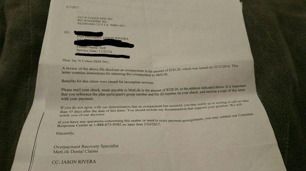 Letter from Metlife to Cohen telling him to return the money!