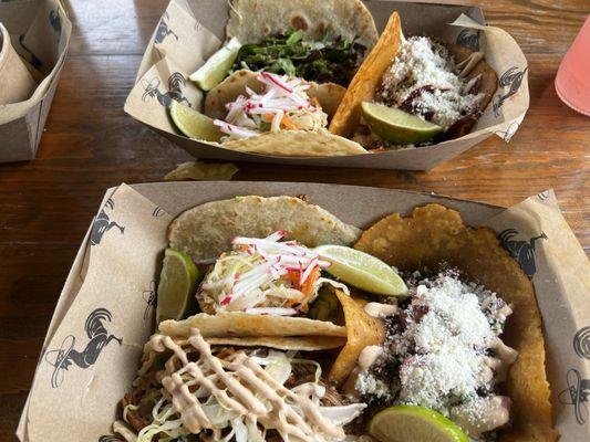 Carnitas, fresh catch of the day (wahoo) and birria in the front. Fresh catch of the day, fresh veggie or the day and birria in the back.