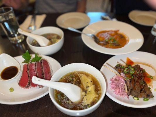 Appetizers: seared tuna, crab wonton, beef skewers, shrimp with curry