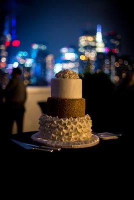 June 2018 Wedding.  Vanilla Cake, Raspberry Filling with White Chocolate Buttercream.  Covered in Fondant.