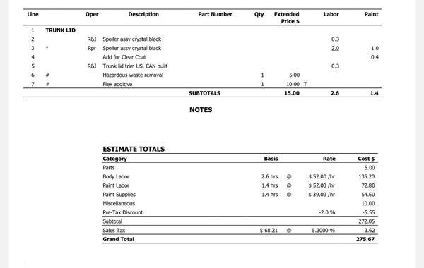 Receipt where spoiler was repaired by body shop