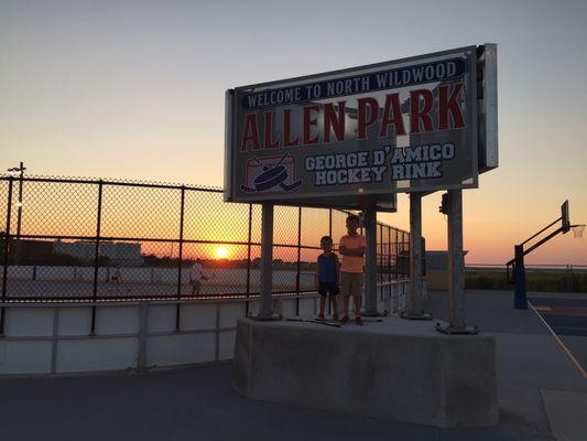 Roller hockey rink at dusk