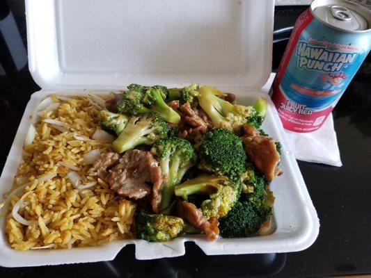 $6.25 - beef broccoli lunch special with friend rice and can soda