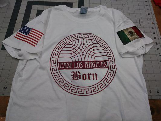 CUSTOM #EASTLOS ANGELES T SHIRT WITH BURGANDY PRINT #AND THE AMERICAN & MEXICAN FLAGGS ...ON THE SLEEVES