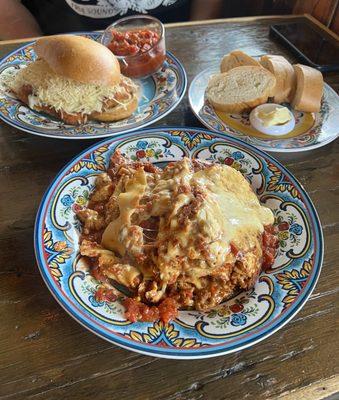 Lasagna, Chicken Parmesan, and bread