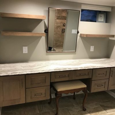 Vanity with floating shelves in master bath