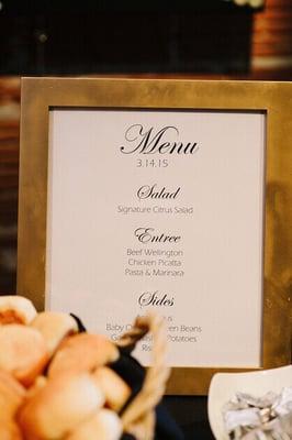 The menu for the wedding reception dinner.