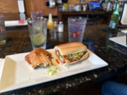 This is my go to combo / cheesy garlic bread added to an Italian sub with added chicken cutlet and cherry peppers