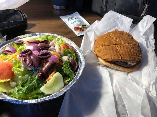 Greek Salad and Steak Burger.