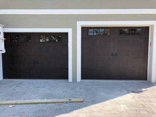 Walnut Carriage Garage Doors with custom hardware