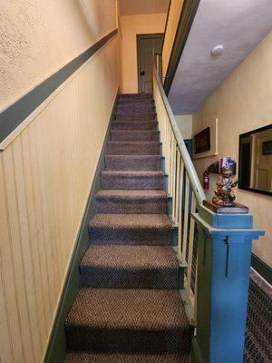 Standing at the bottom of the stairs looking up. It is the steepest staircase I've ever seen.