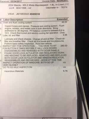 First invoice for the drain and flush of the cooling system. Note where it says "pressure test cooling system"