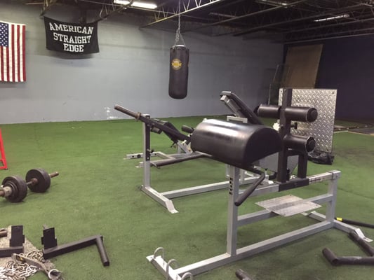 Indoor turf, kickboxing bag, and reverse hyper machine