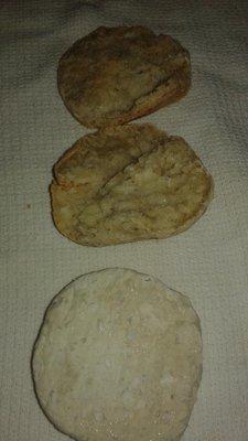 Top is baked biscuit. Bottom is raw dough