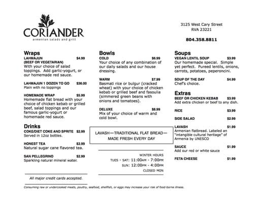 Coriander Menu -- updated December 5, 2014