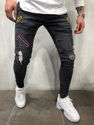 - PRODUCT FEATURES: Men’s Streetwear Denim, Jeans, Black, Ripped&Repaired, Type Prints on Right Leg, Ripped Knee, LATINFLOWFASHION