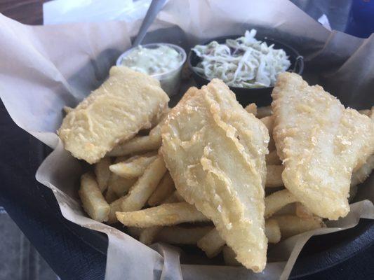 Fried cod with house-made tartar sauce and amazing cole slaw. Crazy awesome crisp fries