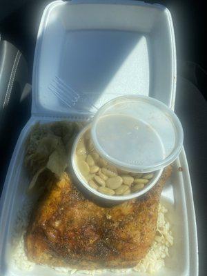 Baked chicken and rice, cabbage, and Lima beans