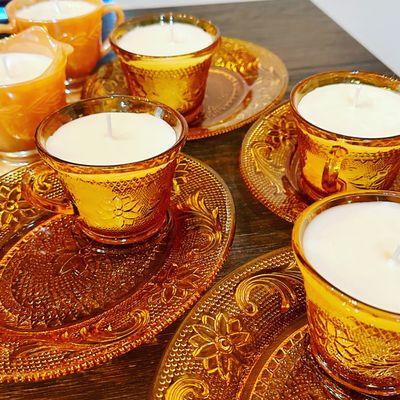 Custom Lemon Pie Candle Trio in Vintage Amber Indiana Glass Cups/Saucer! Email thevintagemodernst@gmail.com to place a custom candle order!