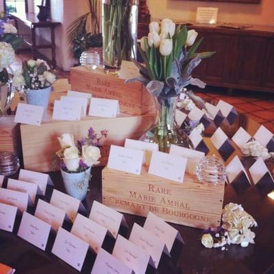 Escort cards in the Clubhouse's foyer. Florals by Feather Acres Farm. Photo and design by FRE.