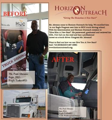 Mr. Abrams went through our Eagle Program, graduated from HCC truck driving school. Call Us!
 (713)HORIZON(467-4966)