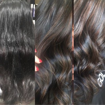 From black box color to beautiful dimensions for this lovely client by Loukia!! Beautiful balayage  cut and waves!!