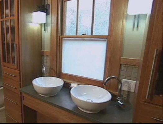 Craftsman Bath with Vanity Modified to Fit Under a Large Window.