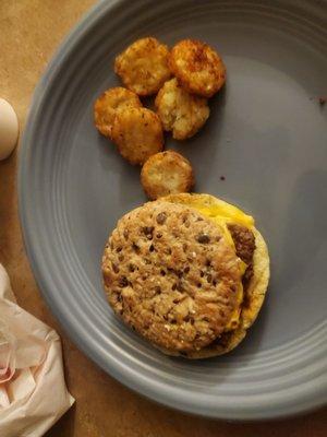 Power breakfast sandwich and hash browns