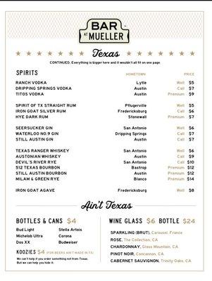 Spirits + Bottles & Cans + Wine menu