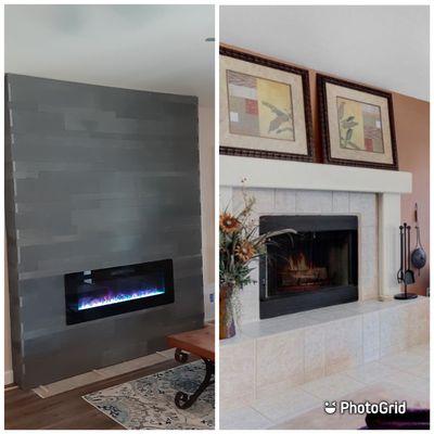 Before and after conversion of gas fire place to electrical fire place.